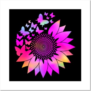 Rainbow Hot Pink Holographic, Sunflower Butterfly, Boho Mandala Inspired Posters and Art